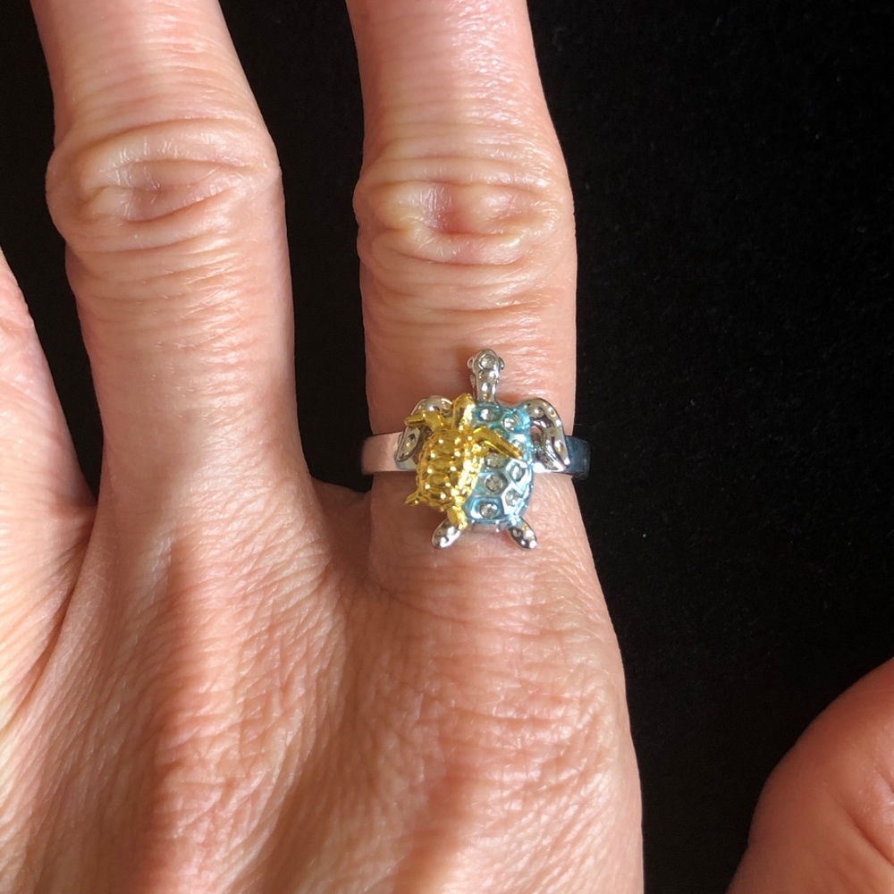 Turtle Design Blue Silver and Gold Tone Ring